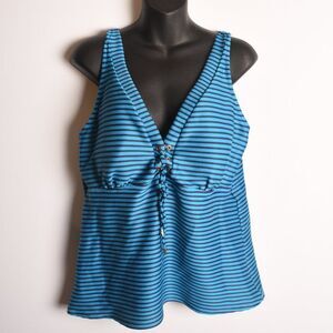 Lands End Blue Striped Lace Up Tankini Swimsuit Top Size 18 Nautical Navy